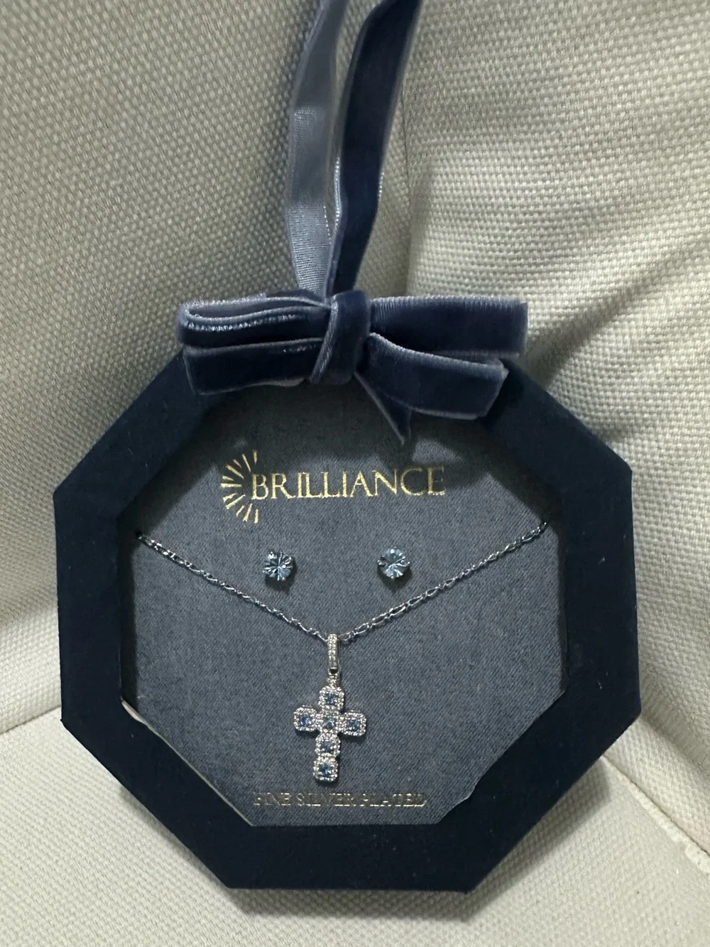 NIB Brilliance Blue Topaz Cross Pendant & Stud Earring Set (MRSP $50)